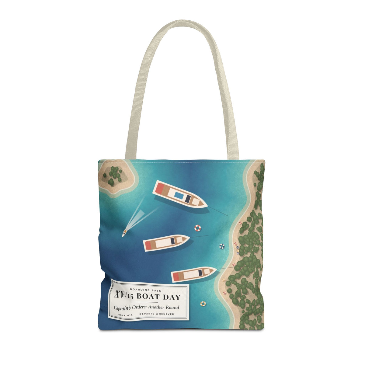 XV/15 Boat Day All-Over Print Tote Bag — Aerial Yacht Cove Beach Tote