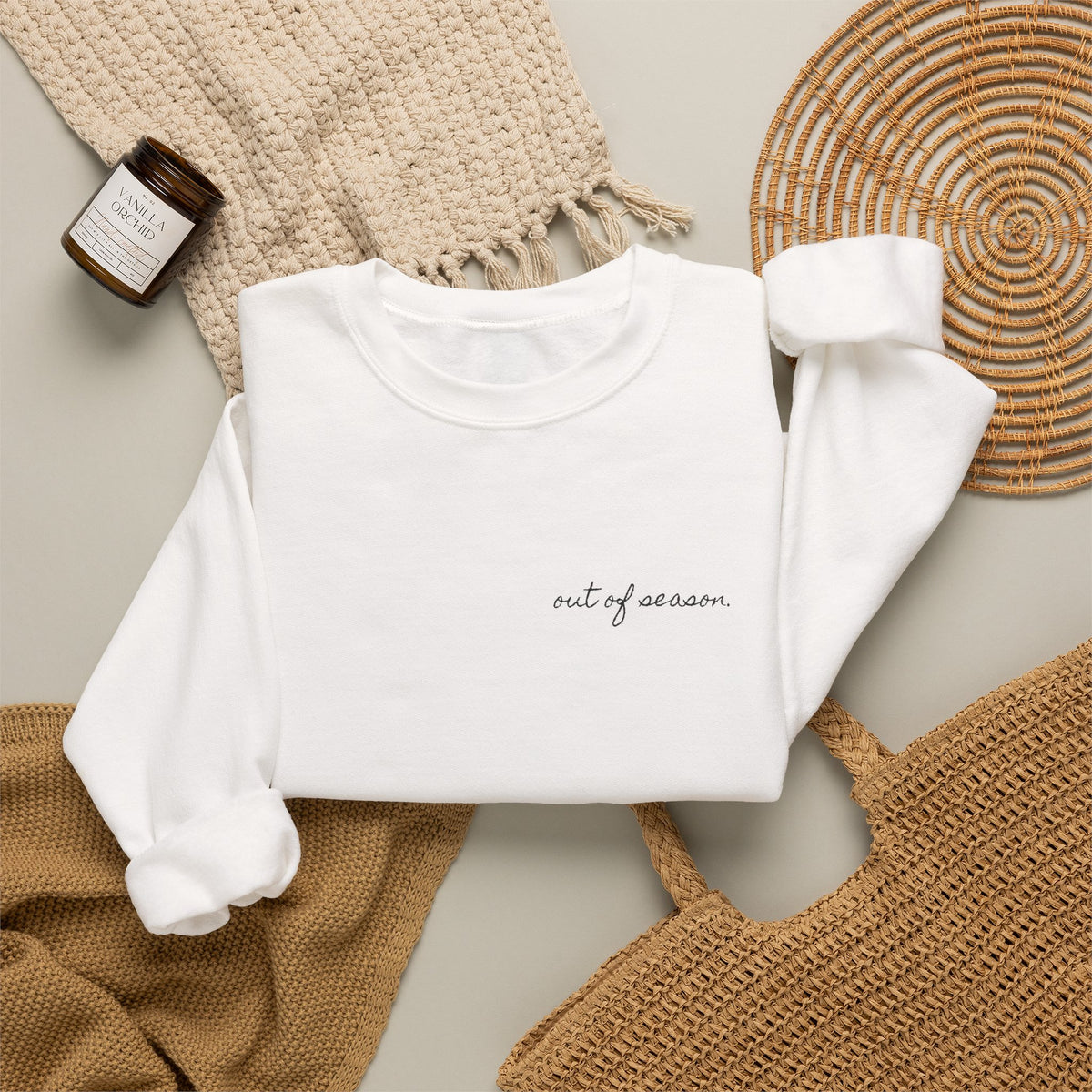 The Season Ended. We Didn't. Crewneck Sweatshirt — Mykonos Off-Season Flash Photo Back Print