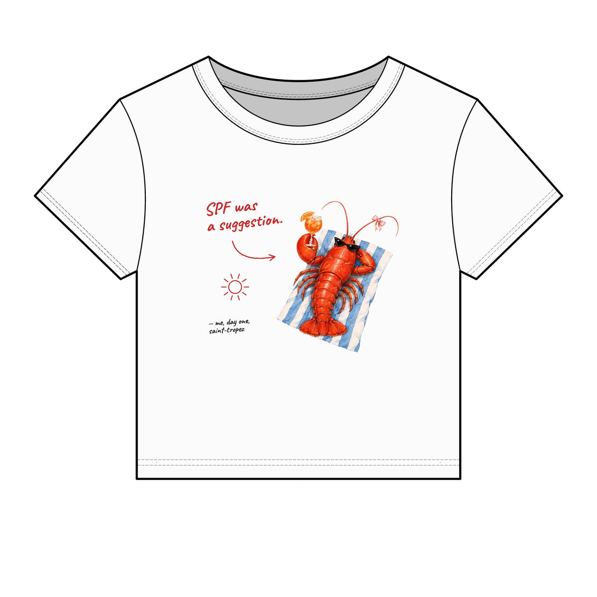 SPF Was A Suggestion Lobster Baby Tee — Sunburnt Lobster Saint-Tropez Micro Rib Top