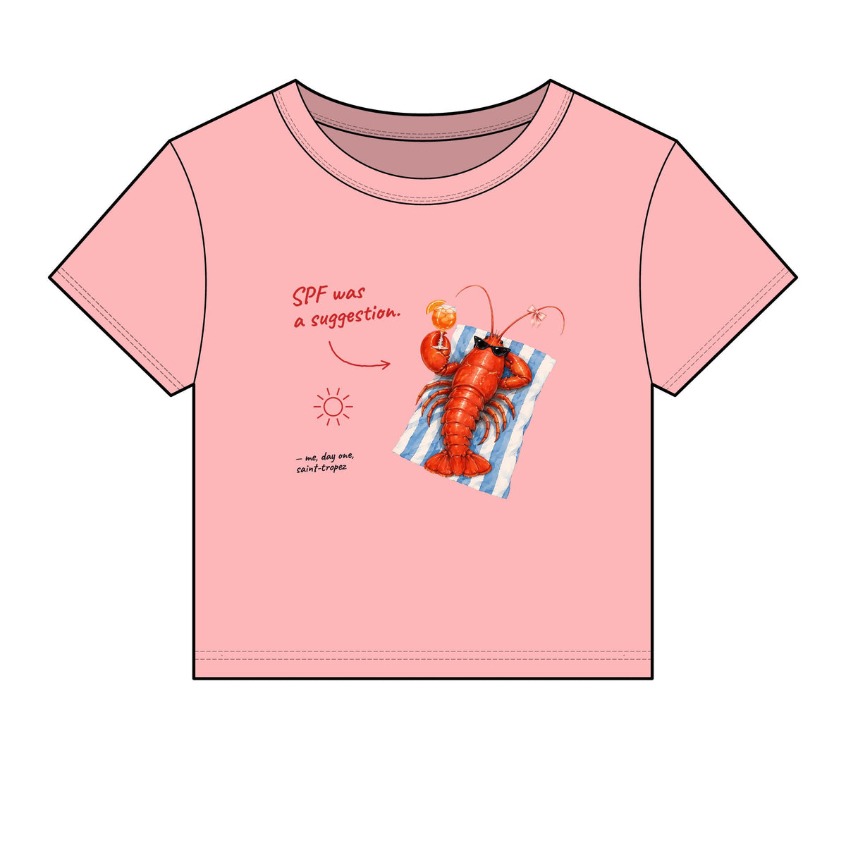 SPF Was A Suggestion Lobster Baby Tee — Sunburnt Lobster Saint-Tropez Micro Rib Top