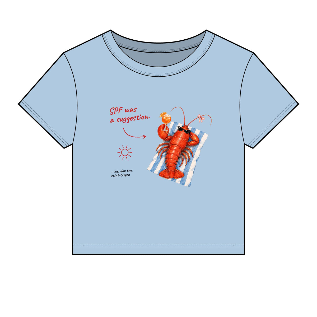 SPF Was A Suggestion Lobster Baby Tee — Sunburnt Lobster Saint-Tropez Micro Rib Top