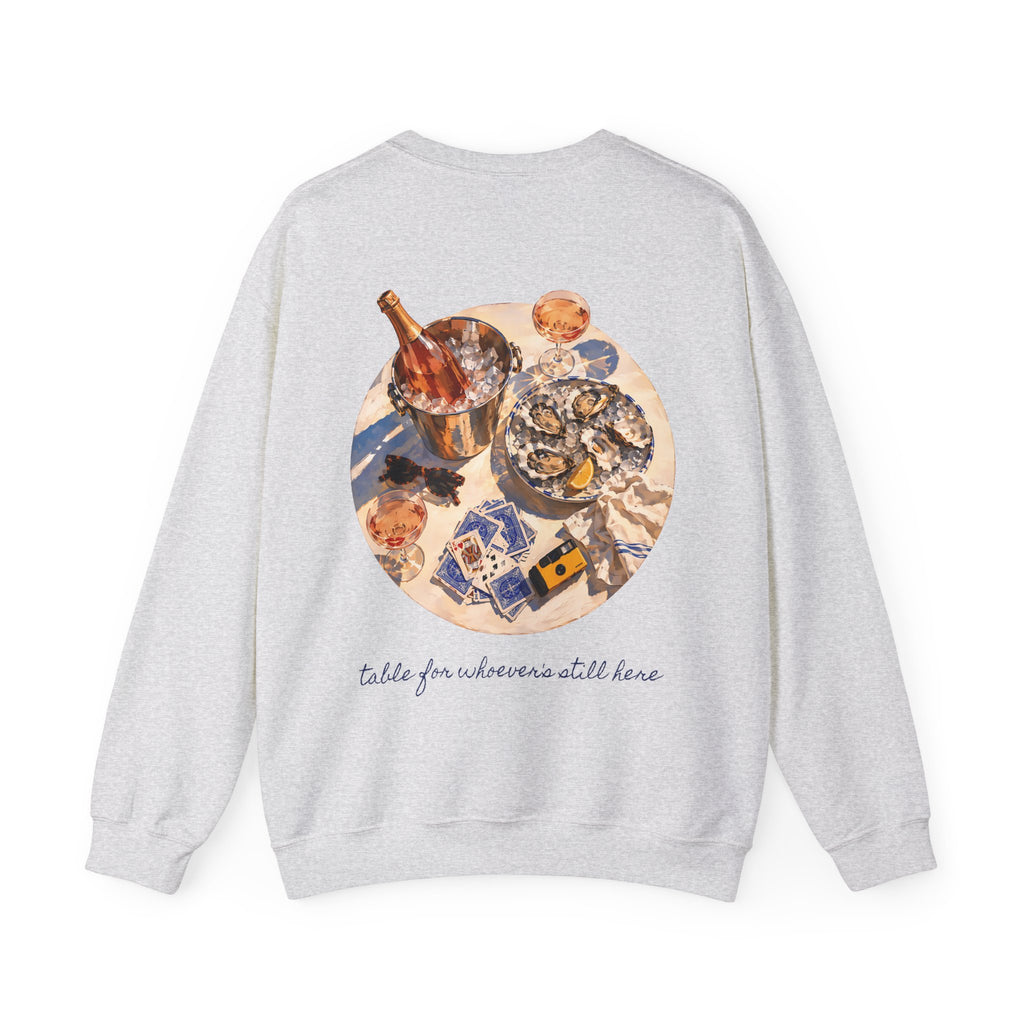 Table For Whoever's Still Here Crewneck Sweatshirt — Painted Mykonos Beach Club Table Back Print