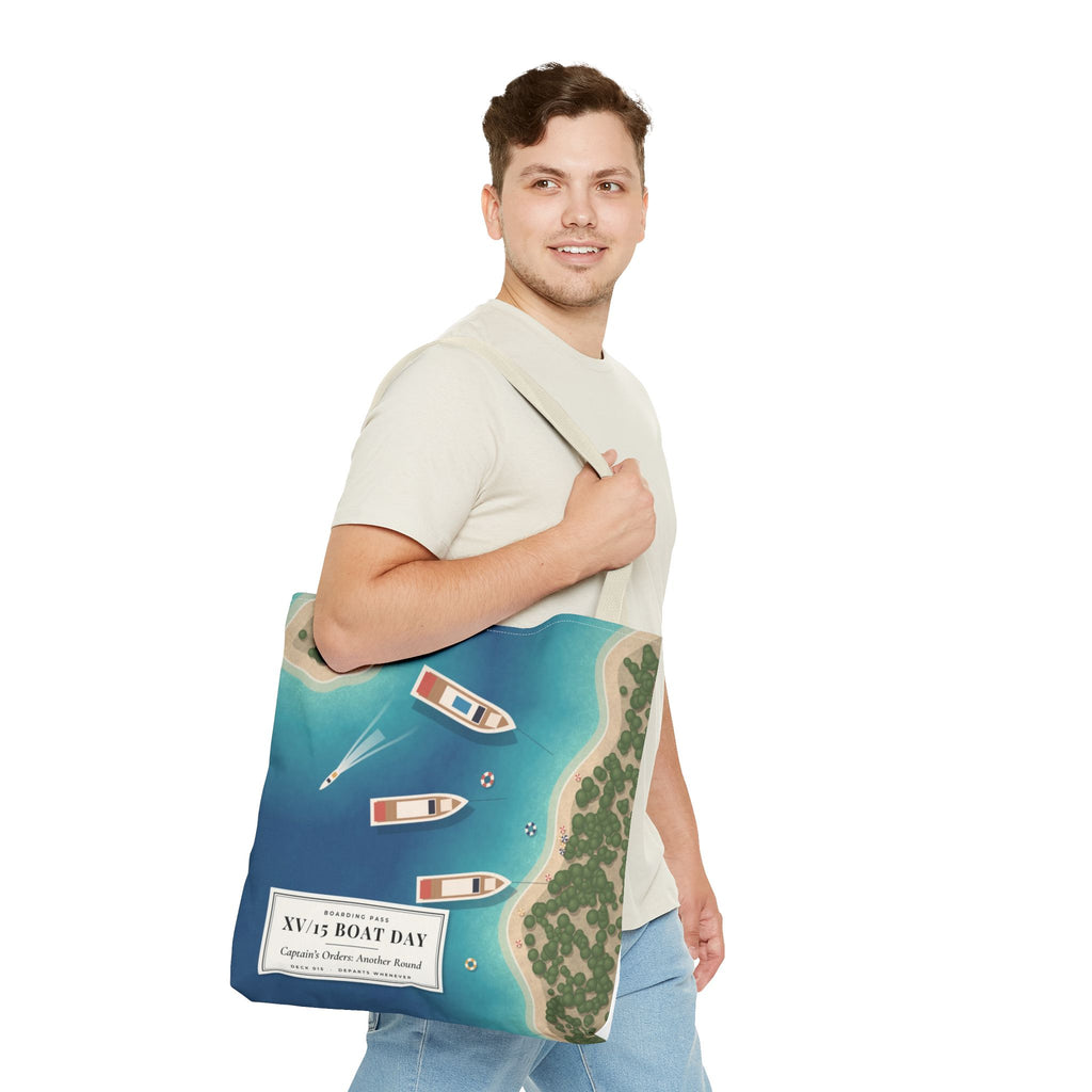 XV/15 Boat Day All-Over Print Tote Bag — Aerial Yacht Cove Beach Tote