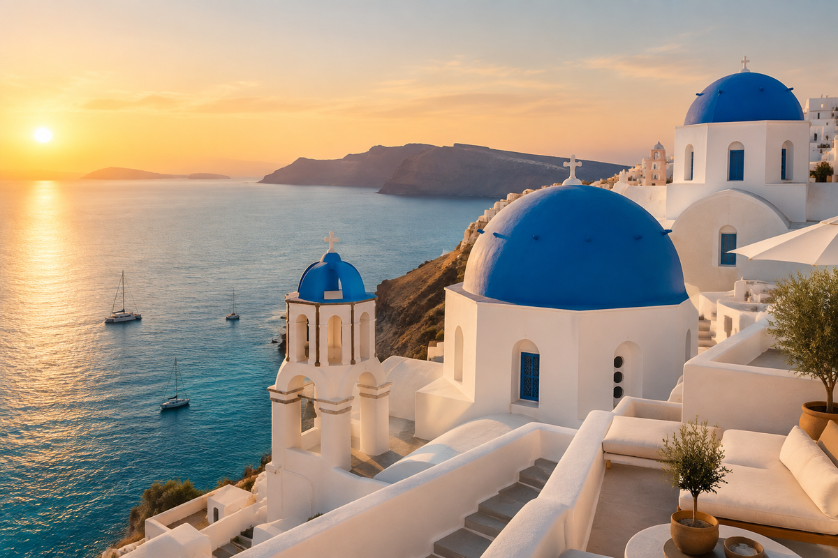 Santorini-style whitewashed architecture over turquoise sea