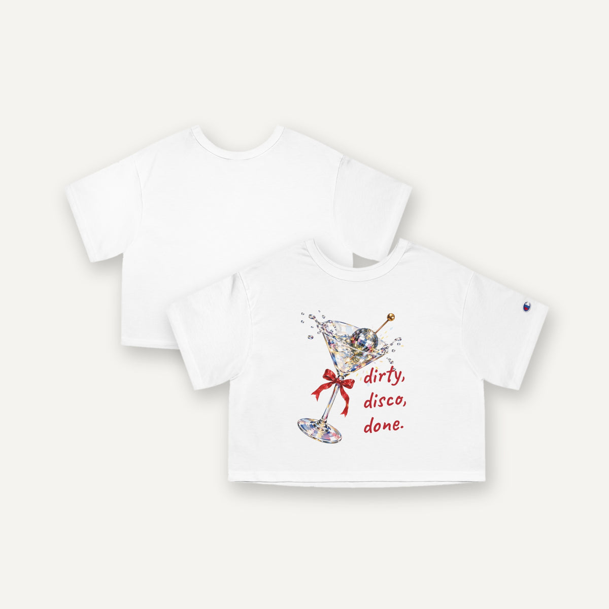 Dirty, Disco, Done. cropped tee, front and back