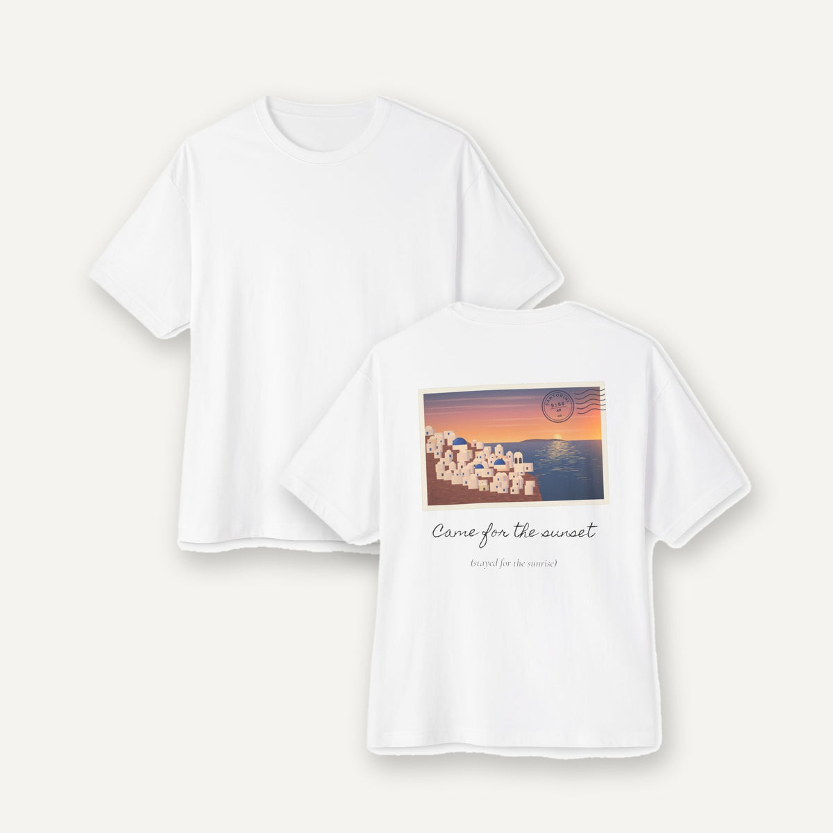Came For The Sunset Santorini tee, front and back