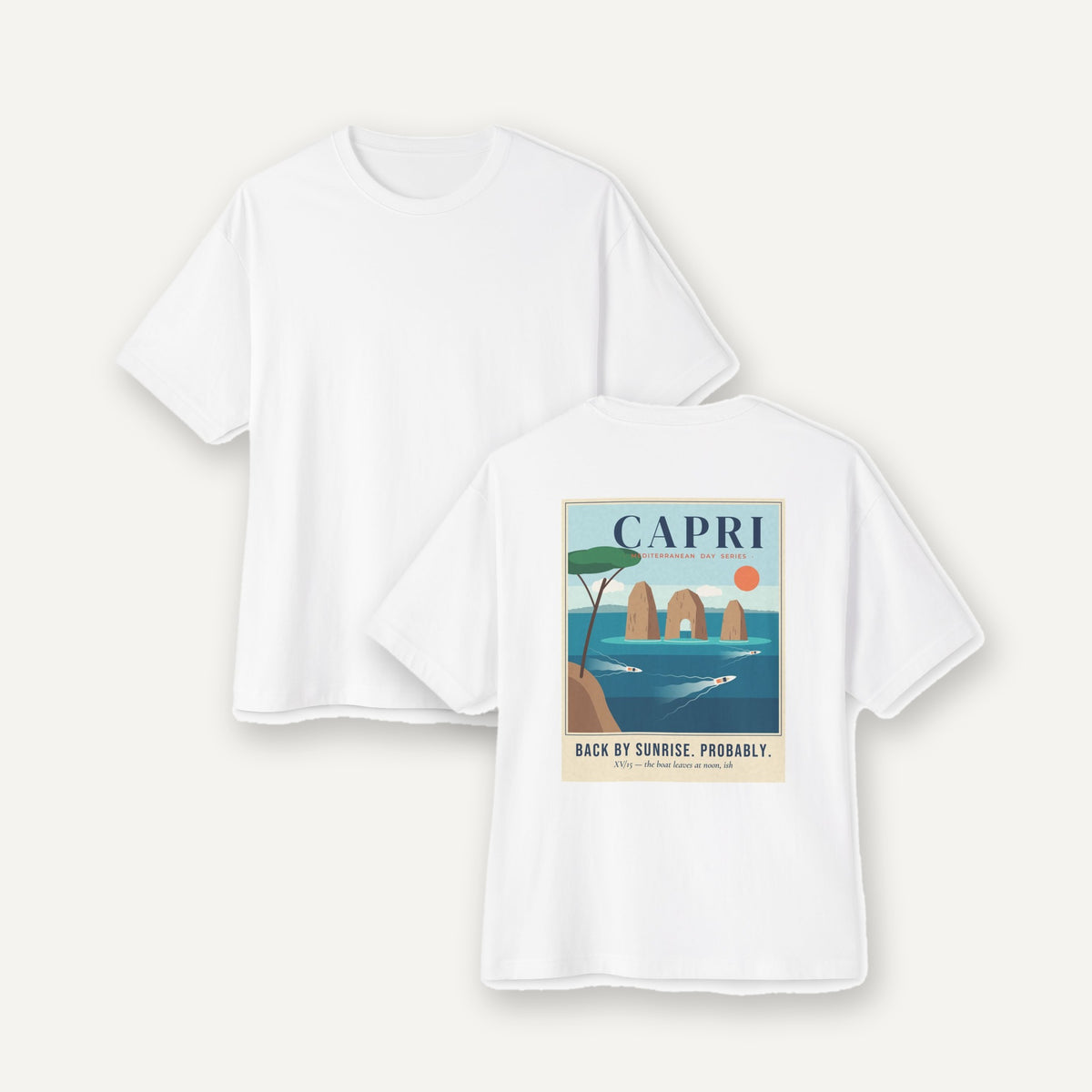 Capri Back By Sunrise tee, front and back