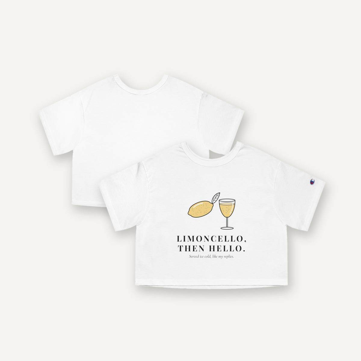 Limoncello Then Hello crop tee, front and back