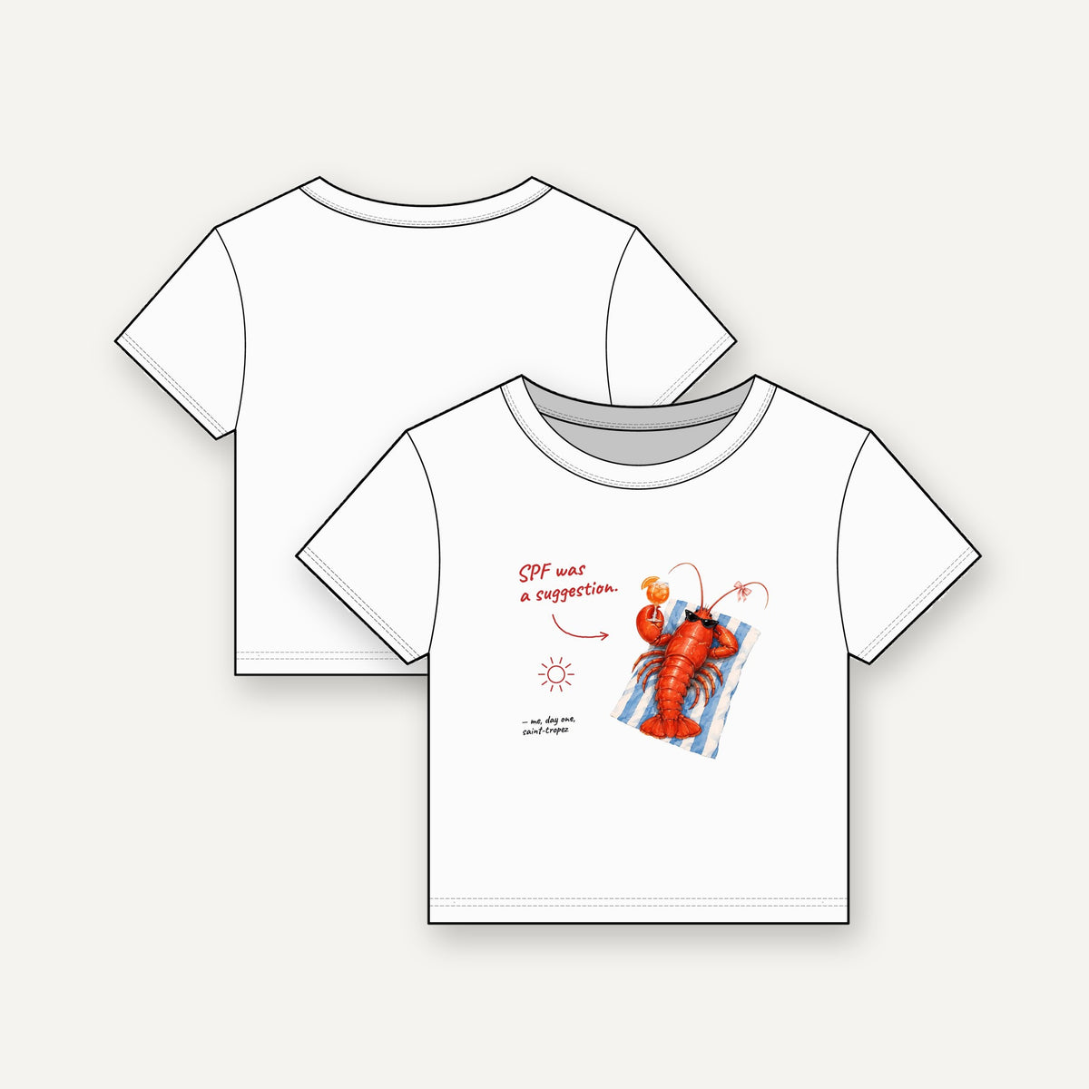 SPF Was A Suggestion baby tee, front and back