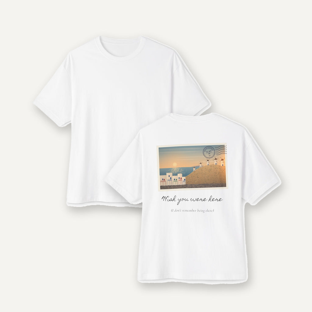 Wish You Were Here Mykonos tee, front and back