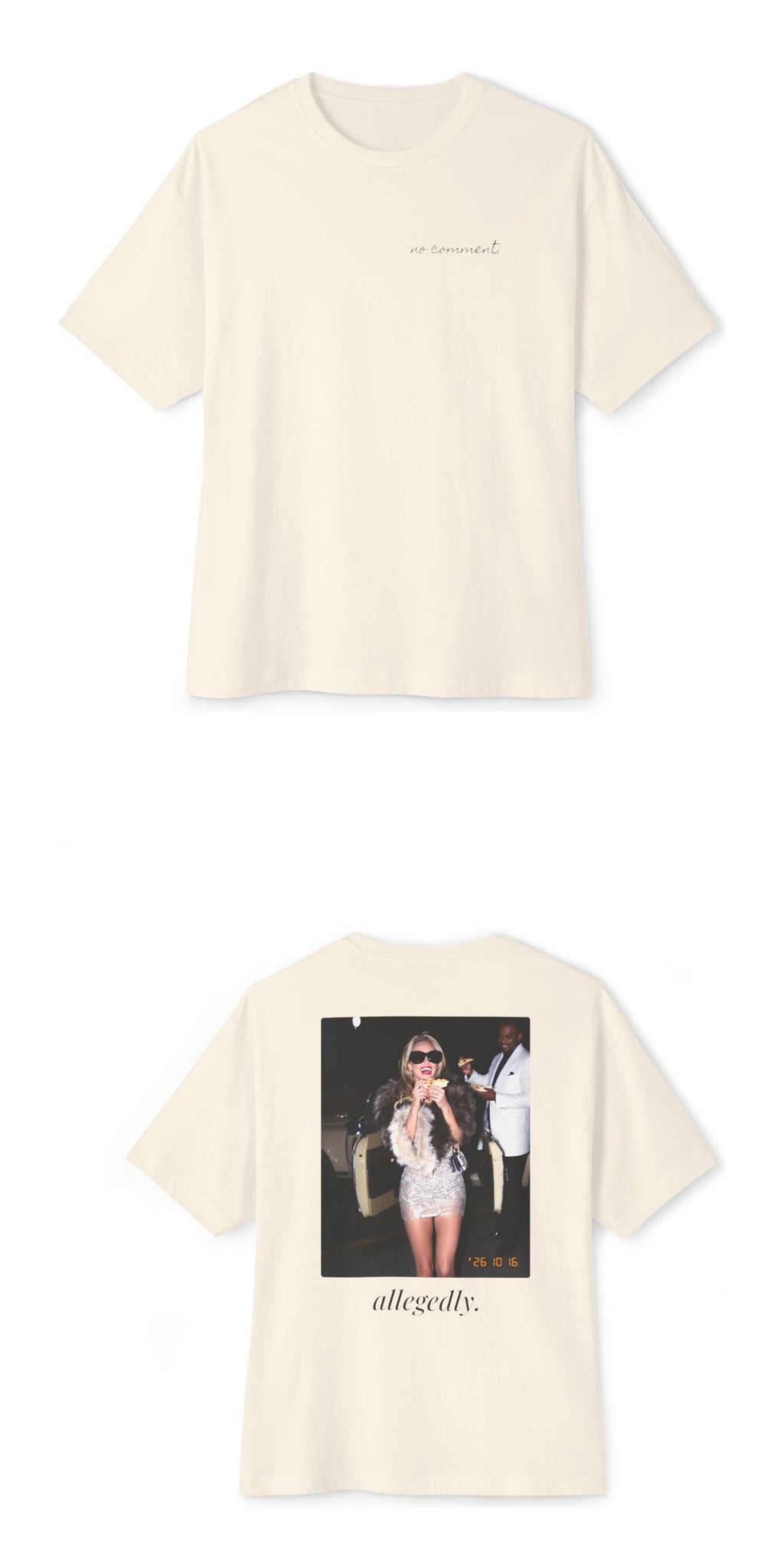 Allegedly. Oversized Boxy Tee — front and back stacked mockup