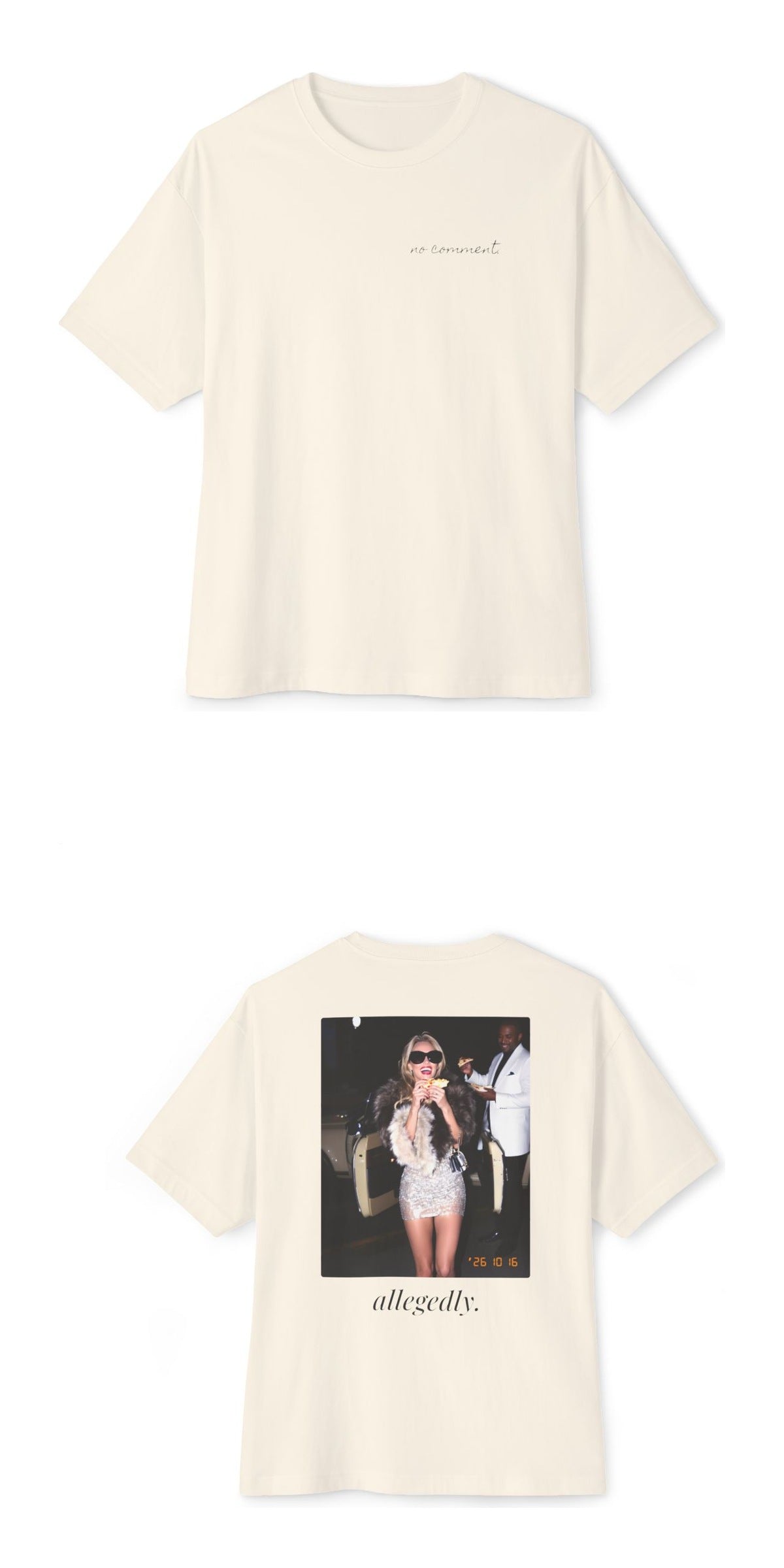 Allegedly. Oversized Boxy Tee — front and back stacked mockup