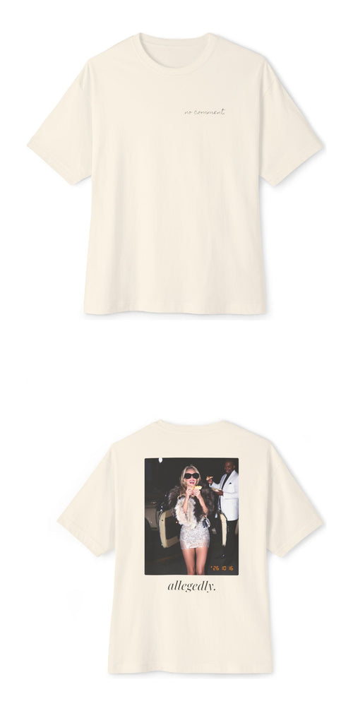 Allegedly. Oversized Boxy Tee — front and back stacked mockup
